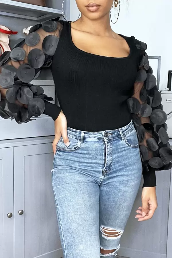 Black Ribbed Pull with Tulle Sleeve and Petals