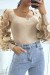 Pull camel côtelé à manche en tulle et pétales | 8,82 € | OKKO MODE