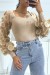 Pull camel côtelé à manche en tulle et pétales | 8,82 € | OKKO MODE