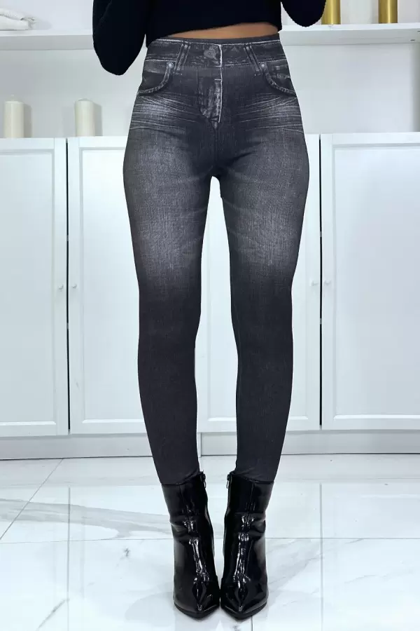 Legging noir taille haute motif jean délavé