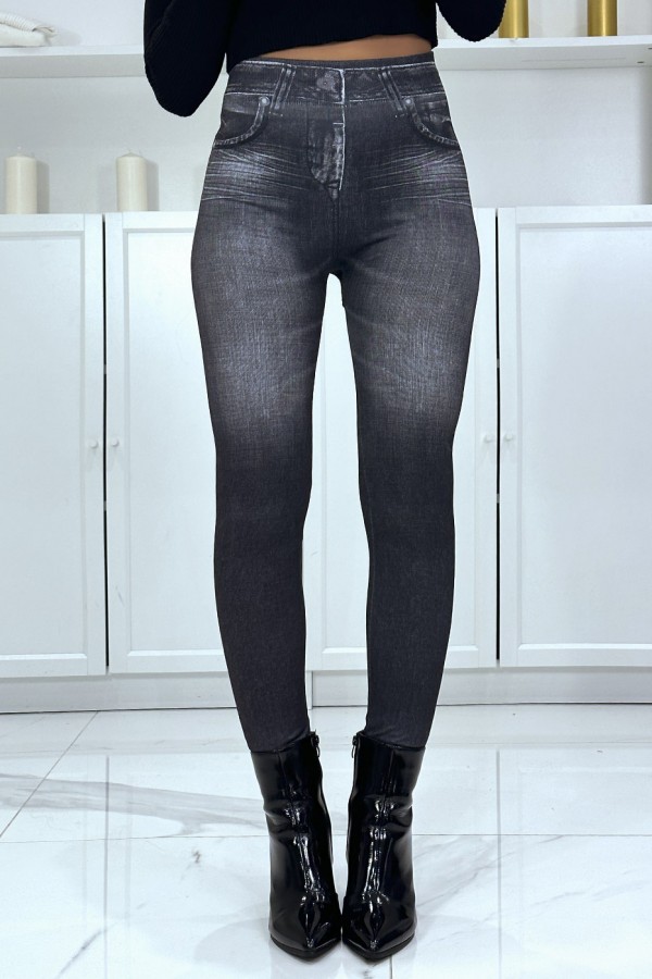 Legging noir taille haute et molletonné motif jean délavé - 1