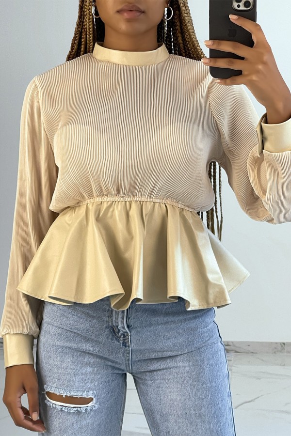 Blouse bi-matière beige en tulle plissée et simiili cuir effet bouffant - 2