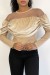 Blusa Bege Detalhes Veludo Malha Transparente Ombros | 5,69 $ | OKKO MODE