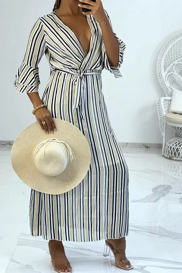 Yellow Striped Long Dress with Vintage Style 3/4 Ruffle Sleeves