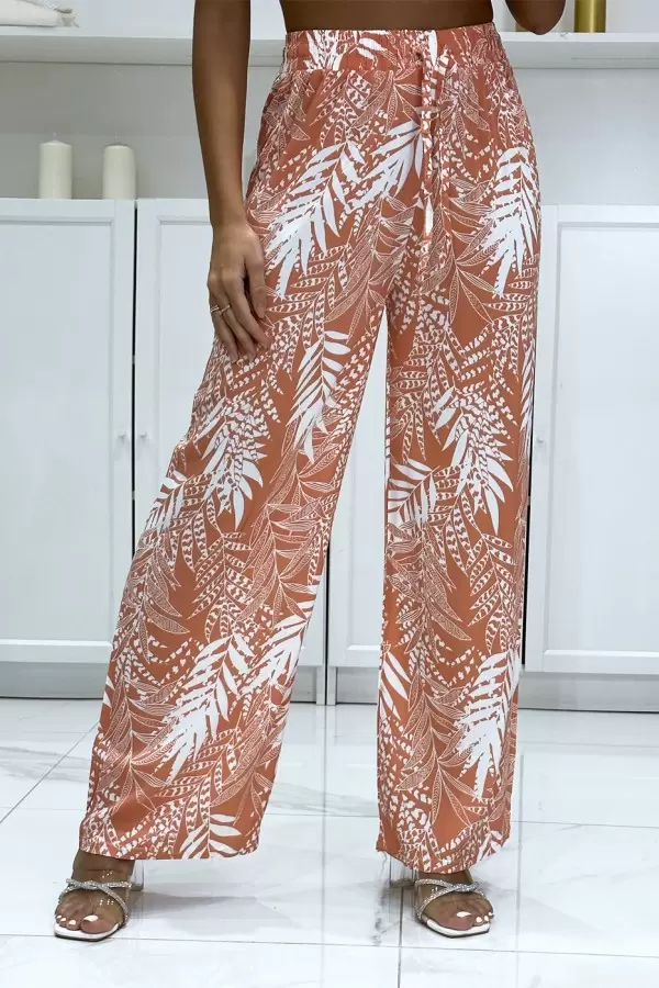 Coral Cotton Leaf Pattern Palazzo Pants