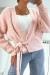 Pink Chunky Knit Wrap Sweater with Puff Sleeves | $10.92 | OKKO MODE