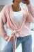 Pink Chunky Knit Wrap Sweater with Puff Sleeves | $10.92 | OKKO MODE