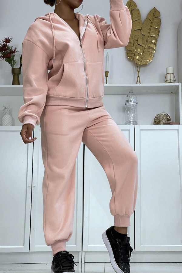 Ensemble 3 pièces doudoune sans manche rose avec sweat et jogging - 1