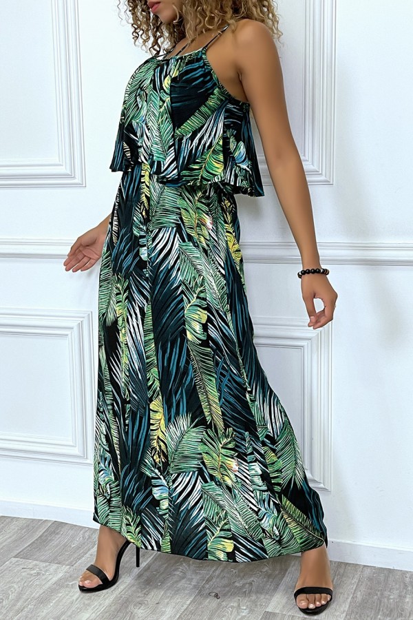 Sublime robe noir motif feuille verte avec bretelle et volant. Vêtement mode femme - 6