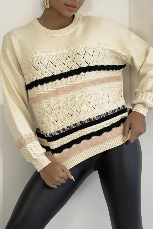 Pull beige à manches bouffantes et motifs rétro - 3