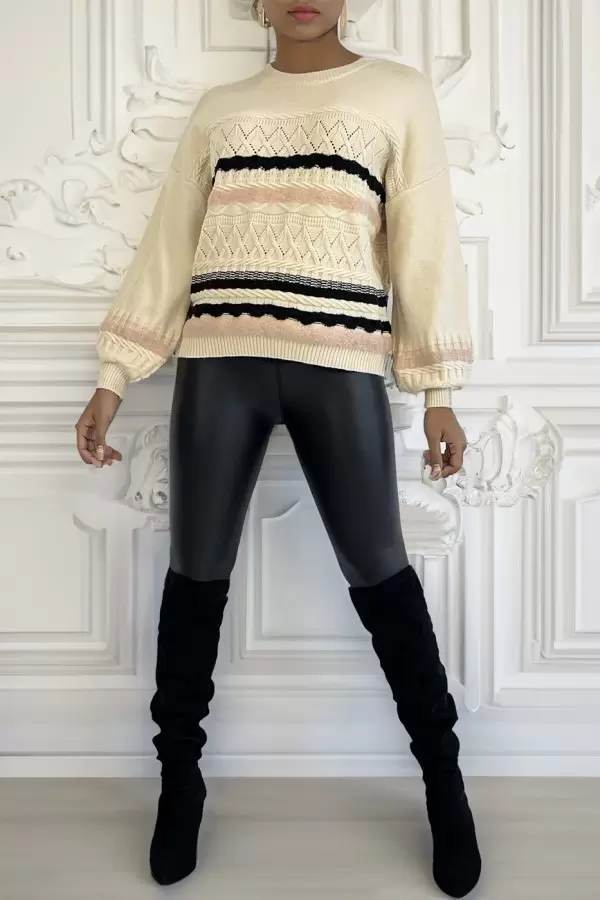 Beige Puff Sleeve Retro Pattern Pull