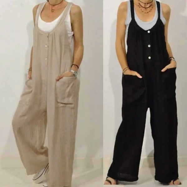 Salopette en coton et lin pour femmes, couleur unie, poches, boutons, salopette