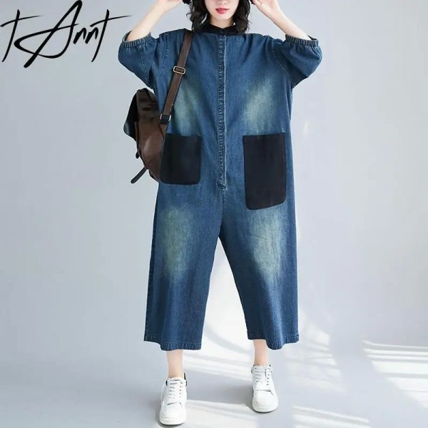 GetSpring-Combinaisons en jean bleu pour femmes, barboteuses décontractées, grandes poches assorties, document de mode, automne 