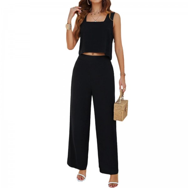 Ensemble Deux Pièces pour Femme, Pantalon à Jambes Larges, Col Carré, Solide, Collection Été 2025|47,93 €|OKKO MODE