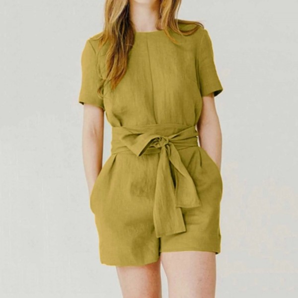 Combinaison décontractée à manches courtes pour femmes, vêtements de tempérament, mode vintage, trempée, poche solide, ceinture