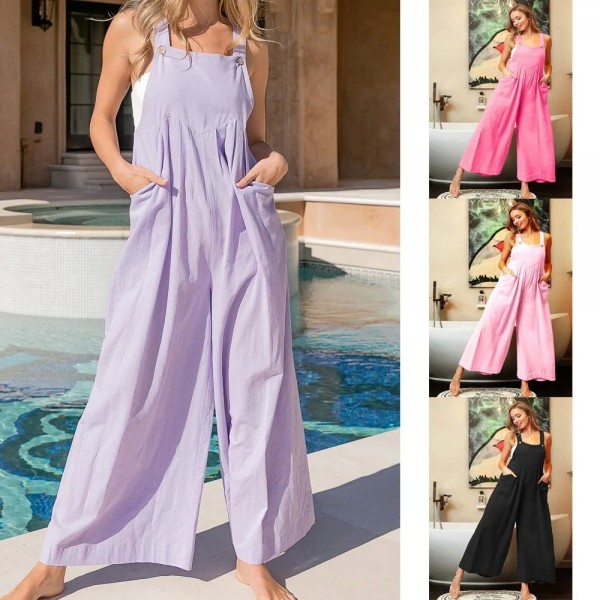 Combinaison pantalon large à deux poches pour femme, pantalon à bretelles, mode, nouveau