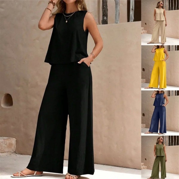 Ensemble 2 pièces pour femmes, haut à volants et pantalon taille haute, jambes larges, décontracté, couleur unie, nouvelle colle