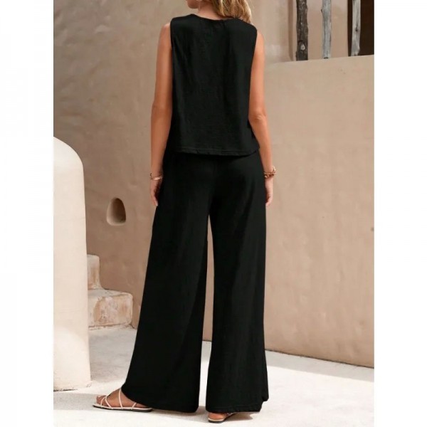 Ensemble 2 pièces pour femmes, haut à volants et pantalon taille haute, jambes larges, décontracté, couleur unie, nouvelle colle|26,09 €|OKKO MODE