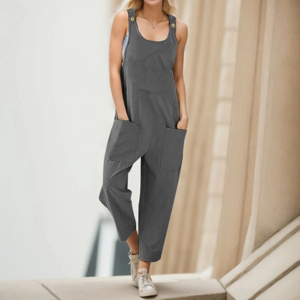 Combishort en lin à poches longues pour femme, salopette boutonnée décontractée, couleur unie, style bohème