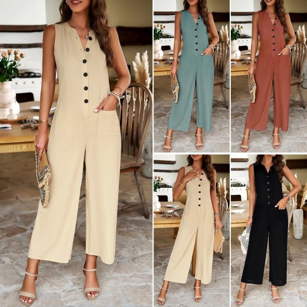 Combinaison pour femmes, vêtement d'été, couleur unie, col en v, boutons, poche, fibres, ensemble, 2025