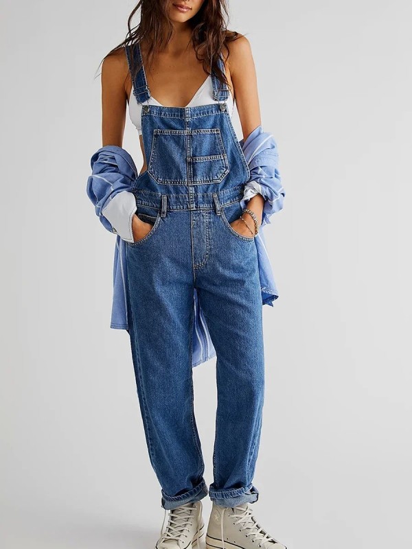 Salopette à bretelles réglables pour femme, jambe large, jean baggy, tenues décontractées avec poche, combinaison en jean, 1 piè