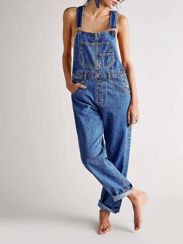 Salopette à bretelles réglables pour femme, jambe large, jean baggy, tenues décontractées avec poche, combinaison en jean, 1 piè|26,09 €|OKKO MODE