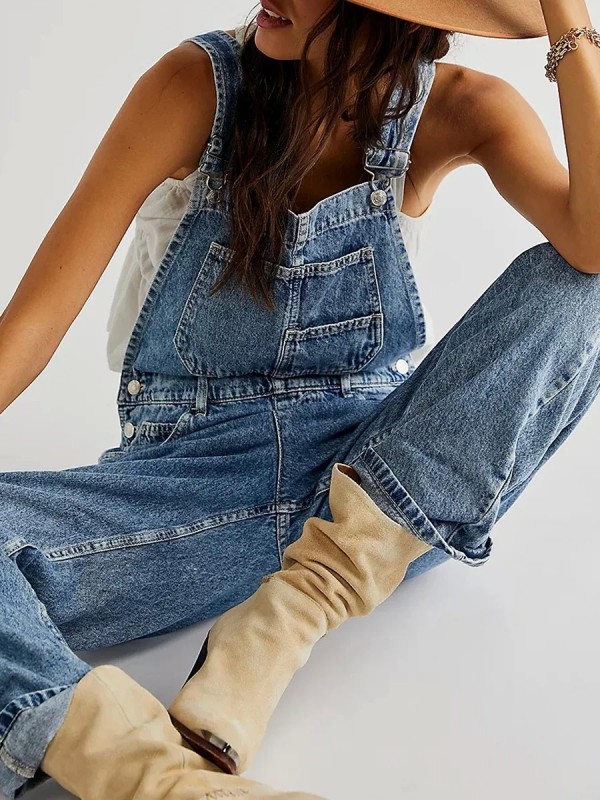 Salopette à bretelles réglables pour femme, jambe large, jean baggy, tenues décontractées avec poche, combinaison en jean, 1 piè|26,09 €|OKKO MODE