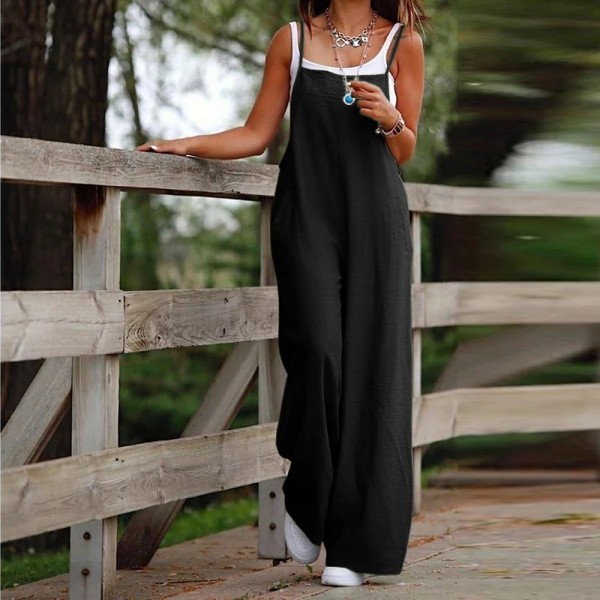 Combinaison en coton et lin pour femme, monochromatique, jambe large, poche Slash, décontracté, pantalon une pièce à longueur de