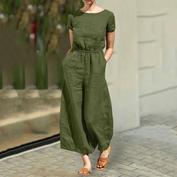 Combinaison à manches courtes en coton et lin pour femme, barboteuse à jambes larges, vêtements habnommée, été