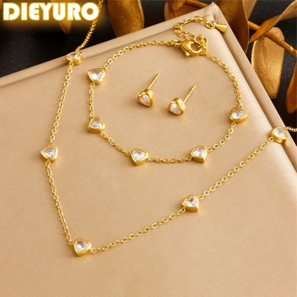Ensemble de bijoux en acier inoxydable pour femme, bracelet cœur et boucles d'oreilles blanches