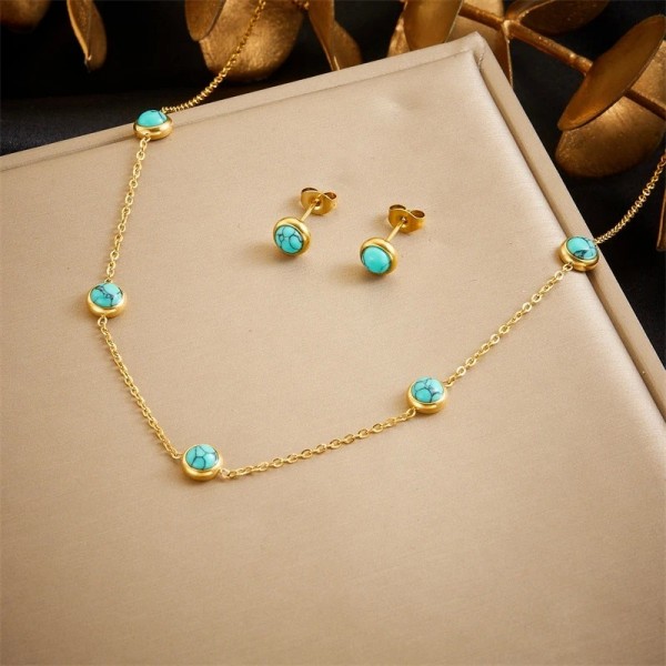 Ensemble de bijoux en acier inoxydable pour femme, collier doré et boucles d'oreilles turquoise|2,00 €|OKKO MODE