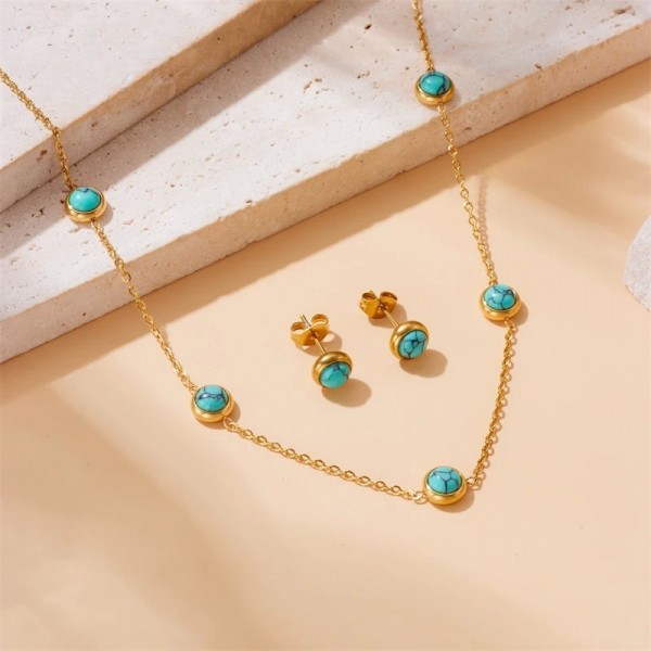 Ensemble de bijoux en acier inoxydable pour femme, collier doré et boucles d'oreilles turquoise|2,00 €|OKKO MODE