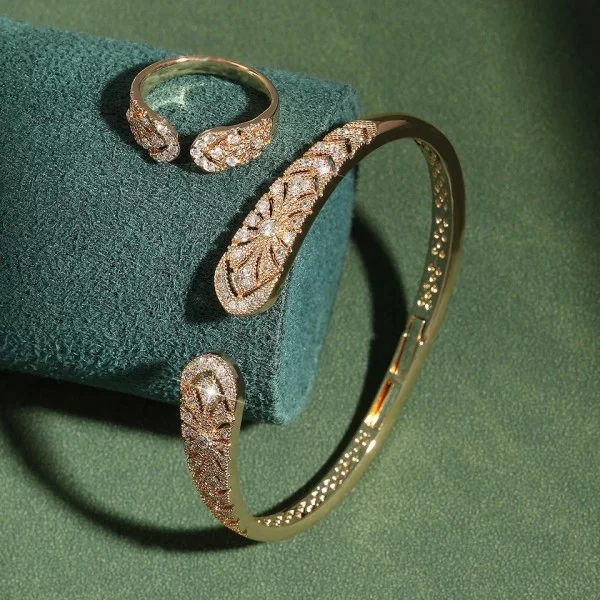 Ensemble de bijoux de luxe pour femme, bague et bracelet élégant Dubaï Saoudiens mariage