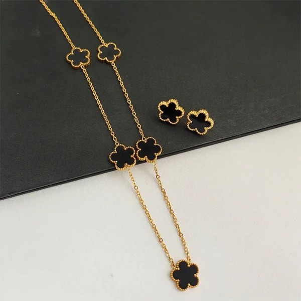 Collier et boucles d'oreilles en acier inoxydable pour femme, plante à cinq feuilles, fleur plaqué or 14 carats|4,49 €|OKKO MODE