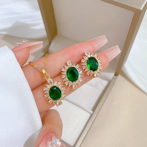 Ensemble de bijoux en acier inoxydable pour femmes et filles, collier à breloques en cristal vert, boucles d'oreilles|2,24 €|OKKO MODE