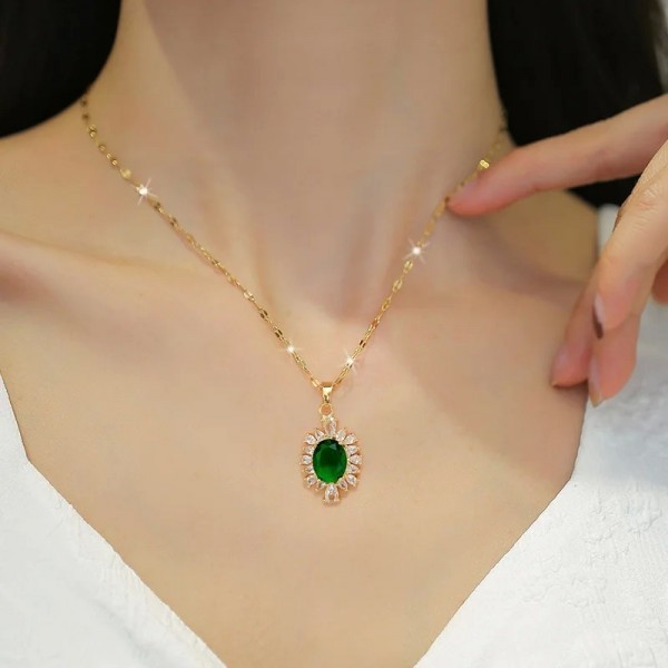 Ensemble de bijoux en acier inoxydable pour femmes et filles, collier à breloques en cristal vert, boucles d'oreilles|2,24 €|OKKO MODE