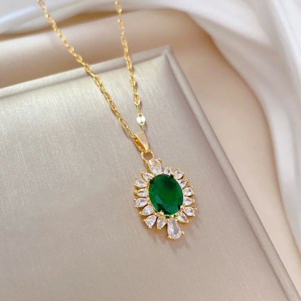 Ensemble de bijoux en acier inoxydable pour femmes et filles, collier à breloques en cristal vert, boucles d'oreilles|2,24 €|OKKO MODE