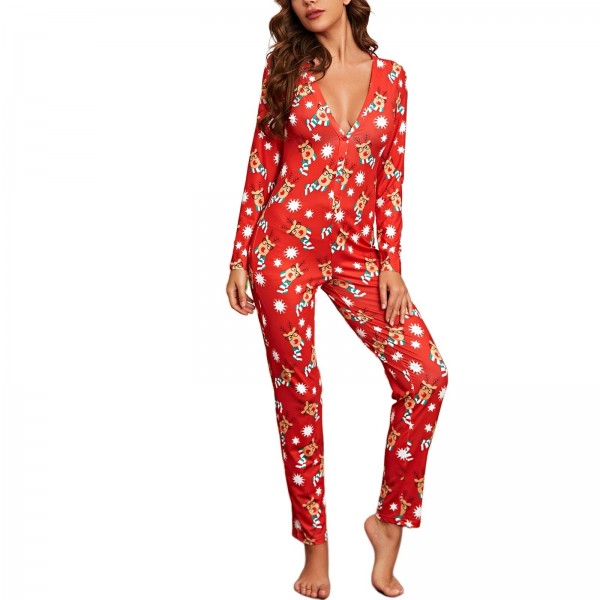 Pyjama imprimé dessin animé de Noël pour femme, manches longues et col en V|11,69 €|OKKO MODE