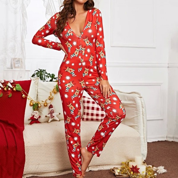 Pyjama imprimé dessin animé de Noël pour femme, manches longues et col en V|11,69 €|OKKO MODE