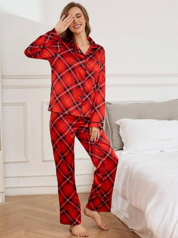 Ensemble de pyjama en satin à carreaux pour femme, haut boutonné sur le devant|10,08 €|OKKO MODE