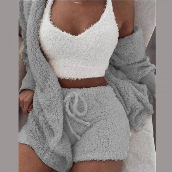 Ensembles de pyjama moelleux sexy pour femmes, survêtement 3 pièces à capuche en peluche|27,89 €|OKKO MODE