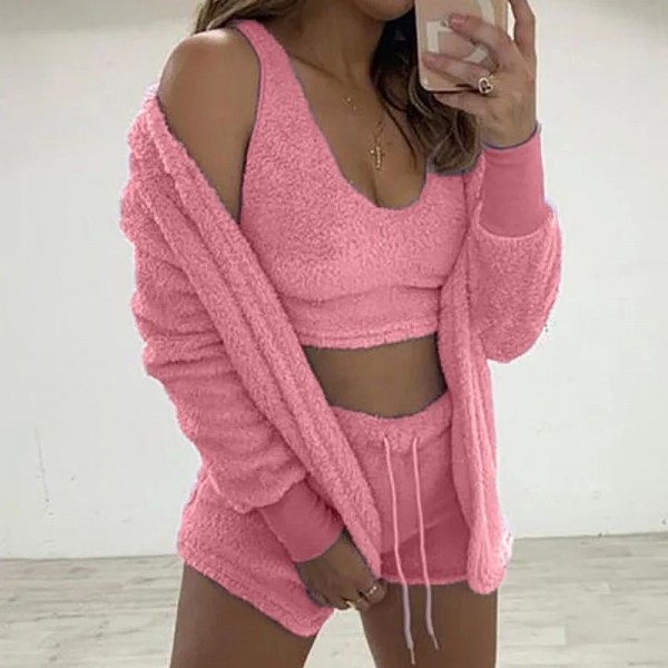 Ensembles de pyjama moelleux sexy pour femmes, survêtement 3 pièces à capuche en peluche|27,89 €|OKKO MODE