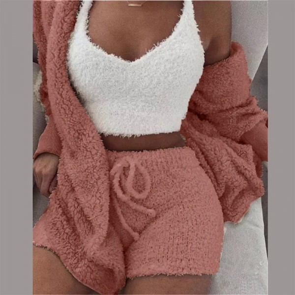 Ensembles de pyjama moelleux sexy pour femmes, survêtement 3 pièces à capuche en peluche|27,89 €|OKKO MODE