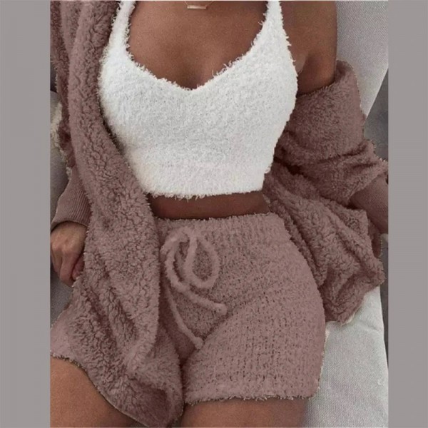 Ensembles de pyjama moelleux sexy pour femmes, survêtement 3 pièces à capuche en peluche|27,89 €|OKKO MODE