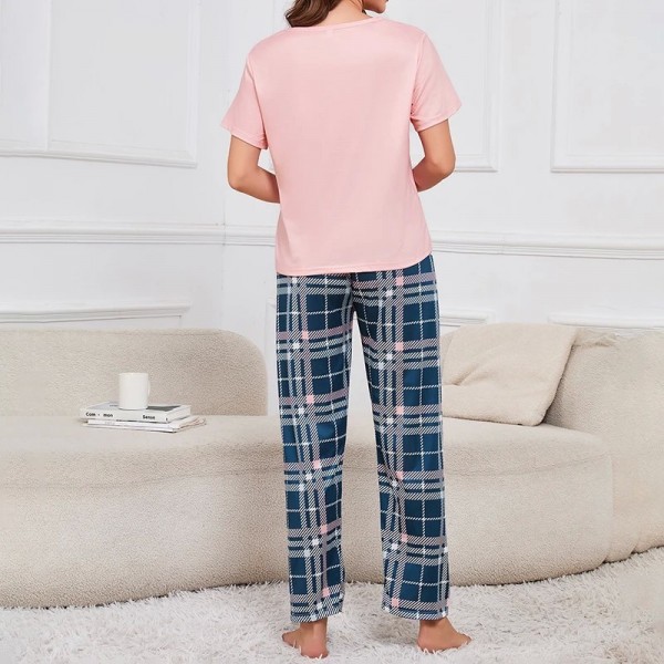 Ensemble de pyjama à carreaux pour femmes, t-shirt col rond et short élastique|6,93 €|OKKO MODE