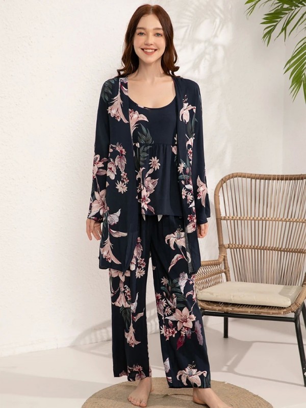 Ensemble de pyjama camisole et pantalon imprimé cuir chevelu 3 pièces pour femmes avec robe|24,95 €|OKKO MODE