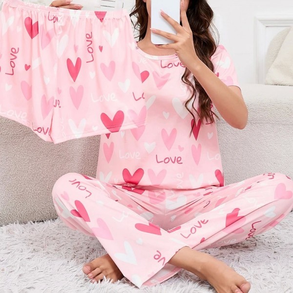 Pyjama 3 pièces imprimé cœur pour femmes, vêtements de nuit confortables|18,89 €|OKKO MODE