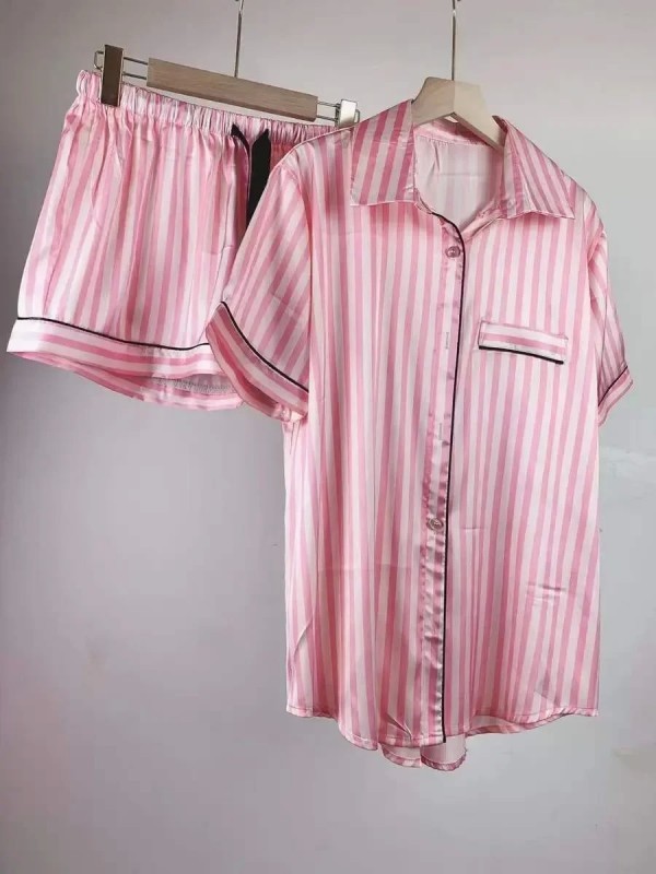 Pyjama Deux Pièces en Satin pour Femme, Tenue de Soirée Sexy à Rayures Roses|26,79 €|OKKO MODE