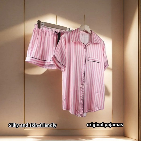 Pyjama Deux Pièces en Satin pour Femme, Tenue de Soirée Sexy à Rayures Roses