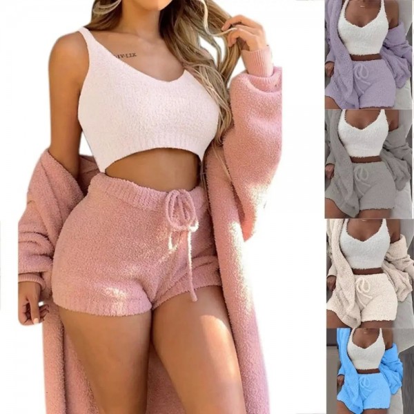 Ensemble de pyjama en tricot confortable pour femme, haut court flou sexy, short et tenue chaude automnale